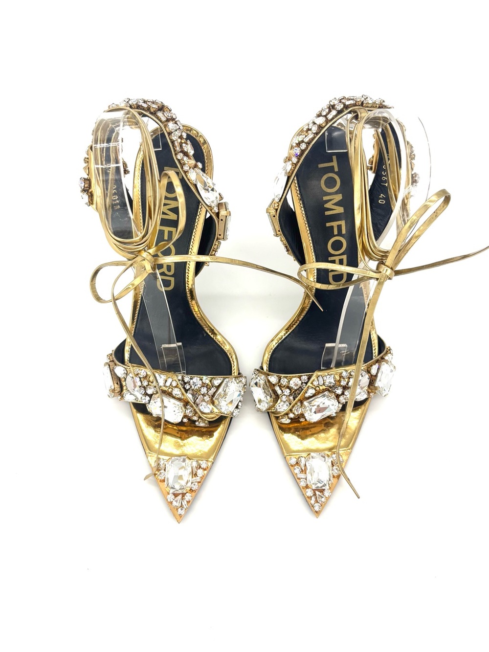 Tom Ford Mirror 100 Metallic Crystal Embellished Ankle Wrap High Heel Sandals 40 - Picture 6 of 10
